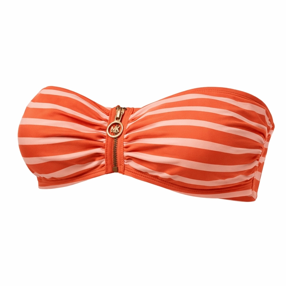 Michael Kors Orange and Cream Striped Bandeau Swim Top with Golden Zip. Like NEW